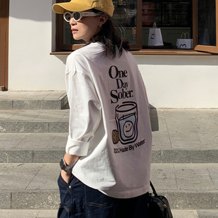 T恤上衣白色纯棉圆领 宽松长袖 OneDaySober 趣味喝水笑脸双面印花
