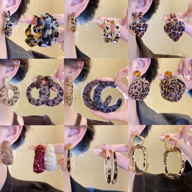 豹纹耳环银针百搭女布艺圆形时尚