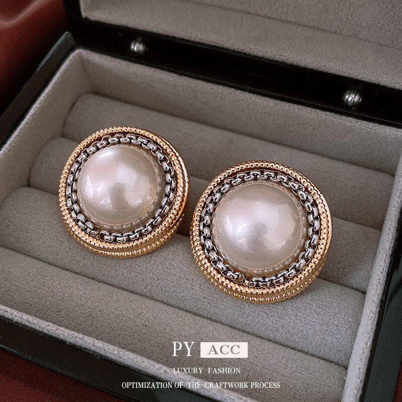 高级感跨境复古耳环珍珠耳钉圆形耳饰女银针小众vintage中古批发