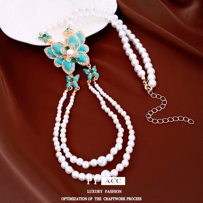 项饰宫廷风复古锁骨滴油珍珠蝴蝶项链串珠链夸张设计镶钻流苏个性