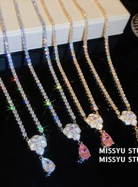 项链链轻奢花朵重工锁骨风晚宴！水滴项饰锆石花凝露璨高级感吊坠