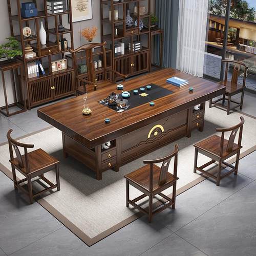 实木大板茶桌椅组合一桌五椅新中式原木功夫茶台办公室茶几喝茶桌