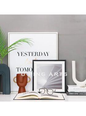 现代样板间简约书桌创意软装饰品挂画 画彷真花陶瓷摆饰组合ZH301