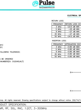CX2045LNL 巴伦变压器 3-300MHZ 1:2CT CX2045LNLT 射频RF变压器