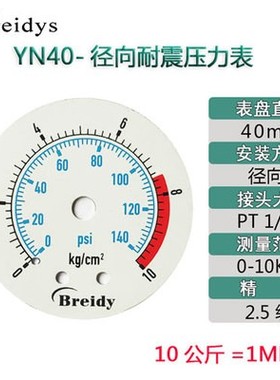 YNBF40不锈钢耐震压力表气动表液压表水压表0-10KG/16KG一分牙1/8