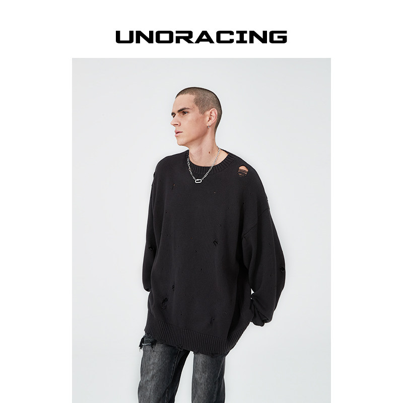 UNORACING秋冬做旧破洞毛衣潮个性慵懒风圆领套头男女情侣针织衫