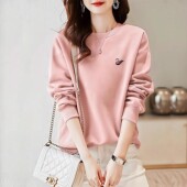 宽松显瘦圆领卫衣女2024年秋冬新品 长袖 套头粉色印花上衣加绒加厚