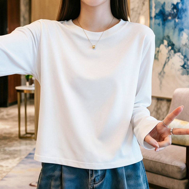 重磅纯棉宽松内搭打底衫2026春秋季白色t 恤女长袖小个子正肩上衣