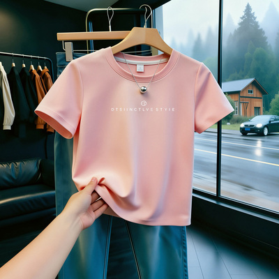 220g重磅纯棉短袖t恤女圆领宽松2025夏季新款小个子粉色正肩上衣