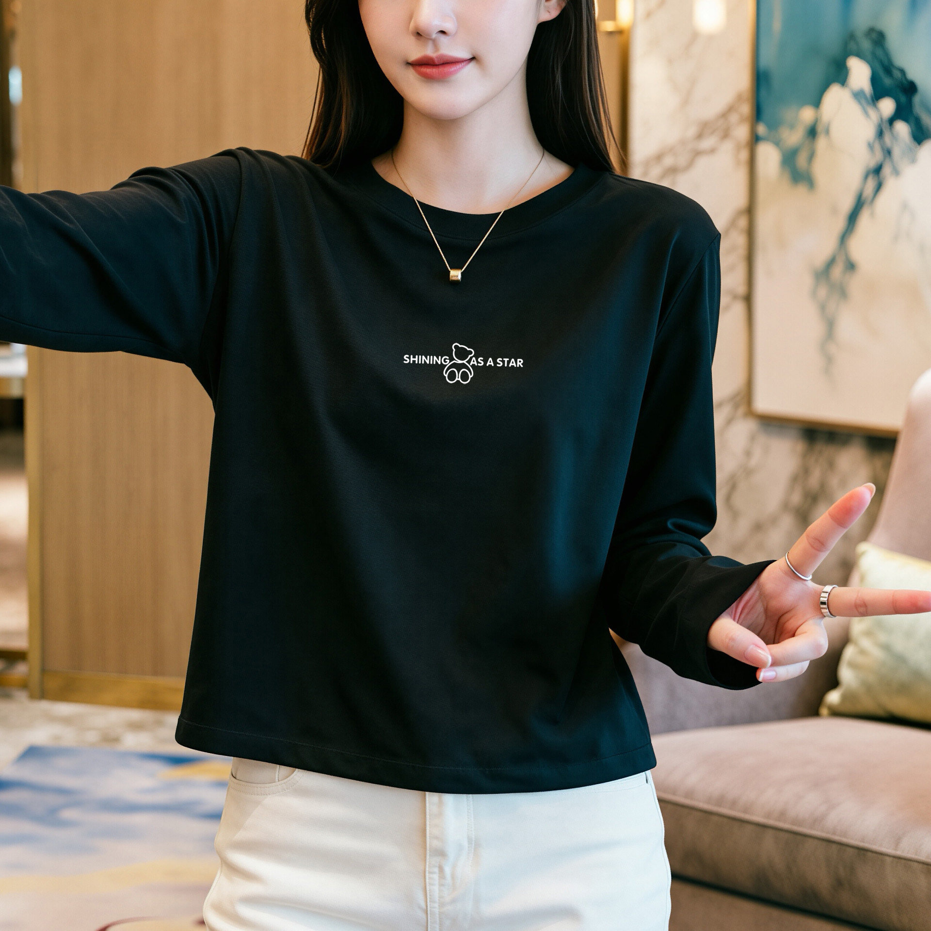 重磅纯棉宽松基础内搭打底衫2026年白色t 恤女长袖小个子正肩上衣