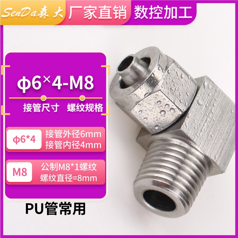 304不锈钢快拧PL接头锁母快接尼龙软气管四氟管直角弯头螺纹弯通