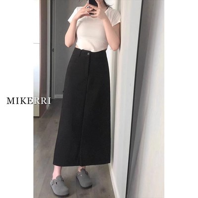 休闲黑色开叉西装半身裙女高腰梨型身材遮肚子显瘦中长款a字裙子