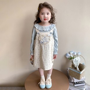 女童春装连衣裙长袖2025新款洋气春秋款儿童碎花打底背带裙子套装