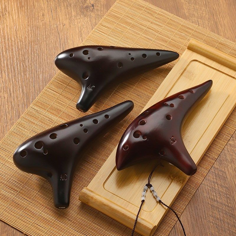 陶瓷陶笛12孔AC陶笛田园风初学中音c调十二孔熏烧手绘专业演奏型