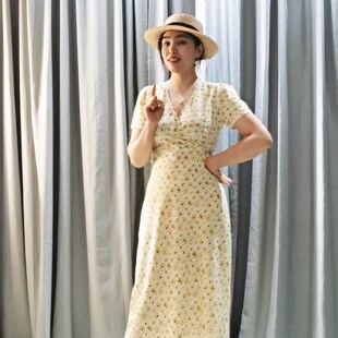 法式复古柠檬黄茶歇裙女夏季小清新v领显瘦中长款修身显瘦连衣裙