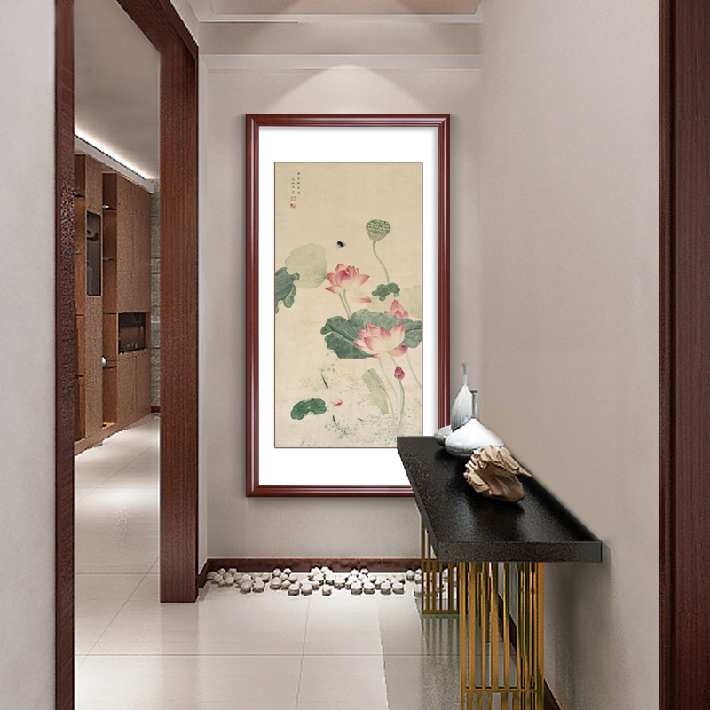 新中式玄关装饰画竖版过道走廊挂画书房画荷花壁画和气生财有框