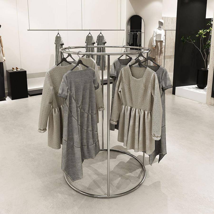 服装店中岛货架展示架落地不锈钢拉丝银圆形女装店铺中间陈列架子