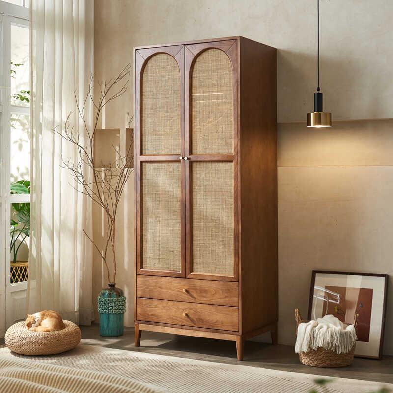 北欧实木藤编衣柜日式复古小户型卧室家用储物柜现代简约收纳衣橱
