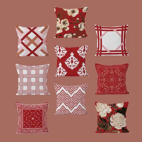 轻奢中式红抱枕套红色几何花纹超短绒靠枕套家居沙发装饰靠垫套