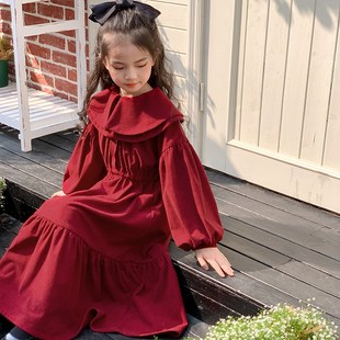 女童连衣裙2024春秋款少女灯笼袖收腰红色长裙娃娃领灯芯绒公主裙
