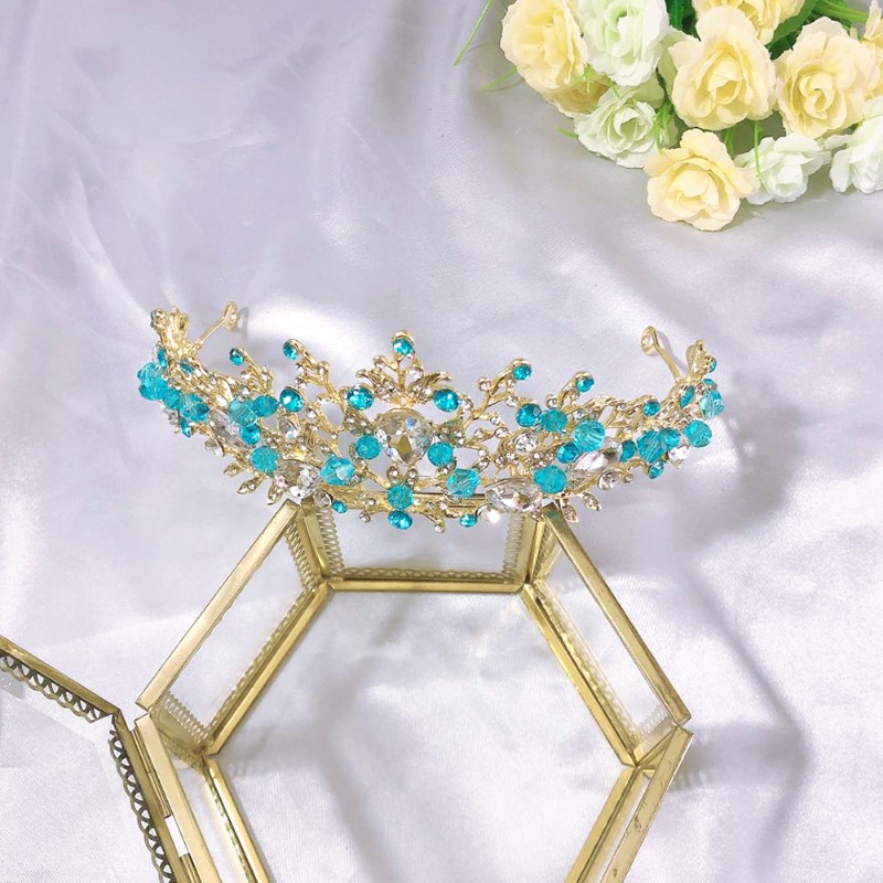 新款天蓝色水晶儿童皇冠头饰小女孩王冠生日学生表演走秀发箍发饰