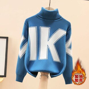 男童毛衣高领加绒加厚红色秋冬款男孩中大童纯棉针织衫儿童打底衫