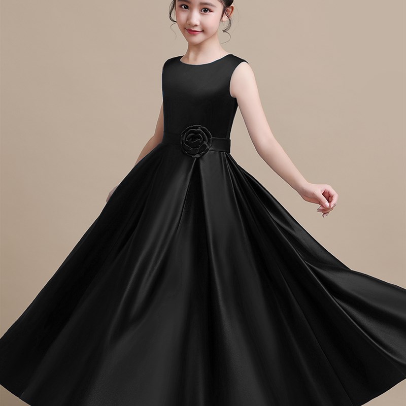 中大童高端乐团黑色缎面演出服大小提琴演奏礼服女童钢琴表演比赛