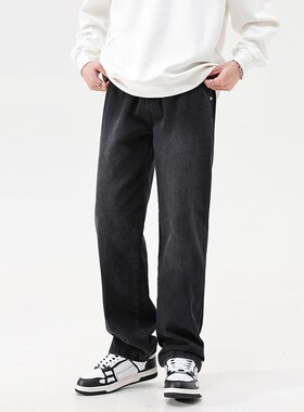 JFU 复古黑色牛仔裤阔腿裤男秋冬季宽松直筒裤2024新款长裤子男