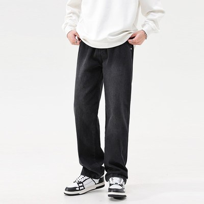 JFU 复古黑色牛仔裤阔腿裤男秋冬季宽松直筒裤2024新款长裤子男