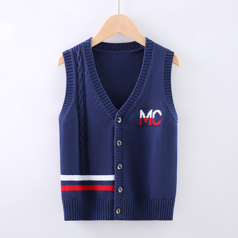 男童新款全棉开衫背心2023秋中大童针织毛衣男孩加绒加厚V领马甲