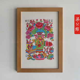 武强年画装饰画四季平安五福临门狮子滚绣球富贵花开手工年画