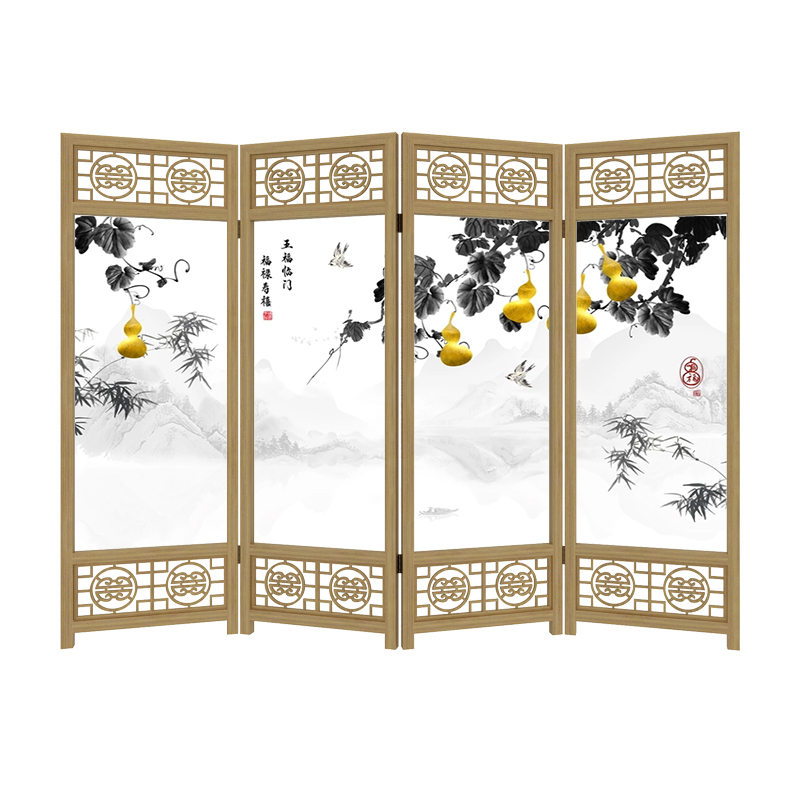 新中式实木屏风隔断客厅办公室书房半透纱葫芦折叠遮挡家用小户型