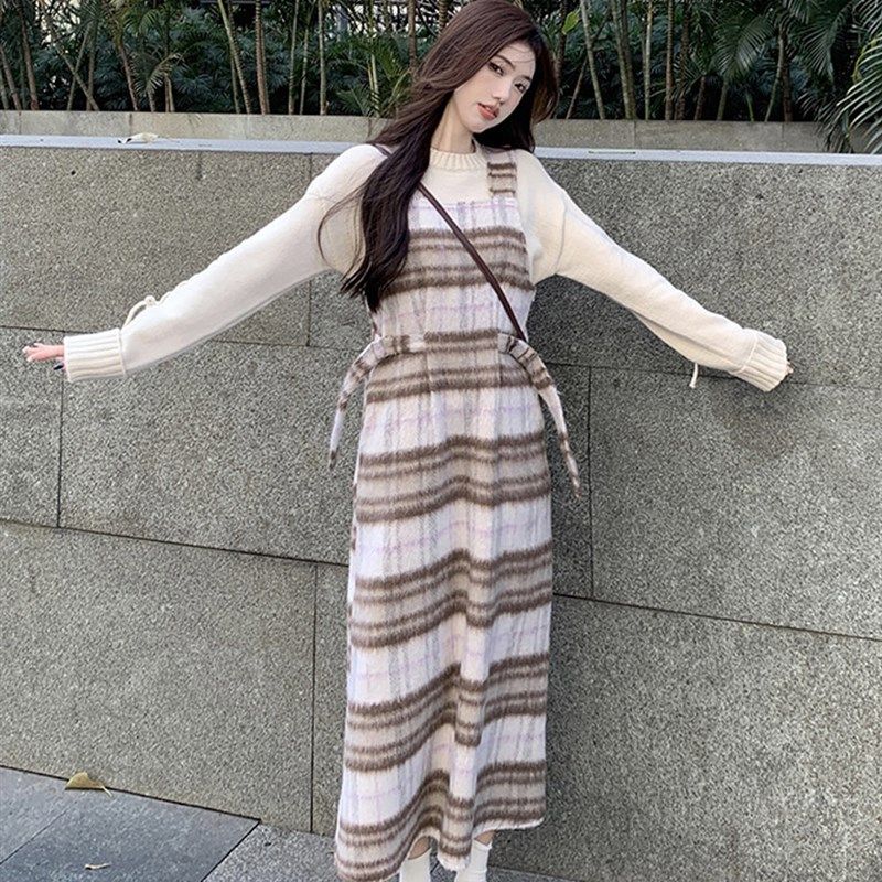 大码女装秋冬新款复古格子毛呢背带连衣裙绑带设计感打底毛衣套装,女装/女士精品,大码套装,淘宝优惠券,粉丝福利购,淘宝优惠卷