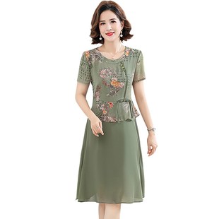 显瘦短袖 时尚 裙子 洋气雪纺连衣裙50岁中老年人女夏季 中年妈妈夏装