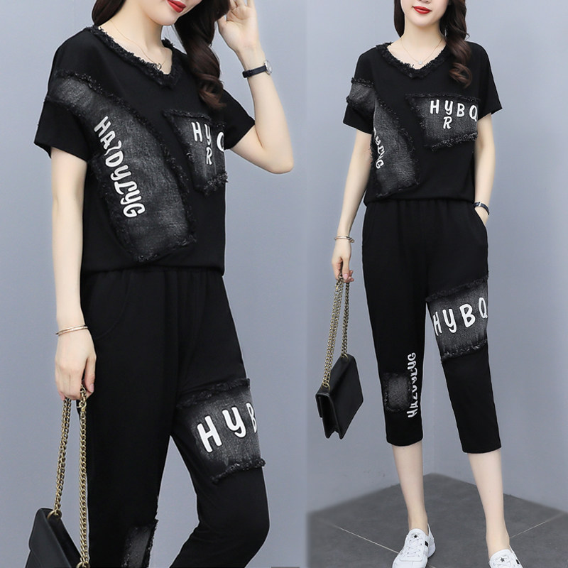 时尚套装2022年夏季新款大码女装拼接牛仔休闲短袖+裤子两件套女