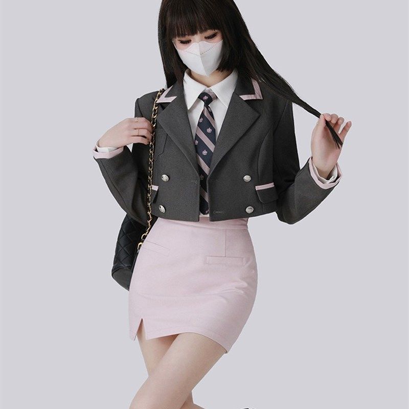 画解韩漫女主 学院风西装套装女春短款小西服包臀短裙子WAHJUIS