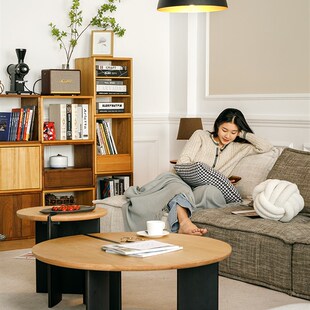 北欧圆形茶几组合橡木边几全实木圆几表情侘寂风原木色榻榻米桌