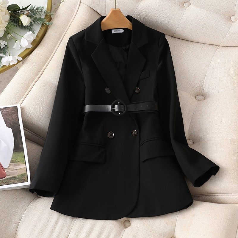 英伦风设计师款中长西装外套女2021秋冬新款收腰双排扣咖啡色上衣