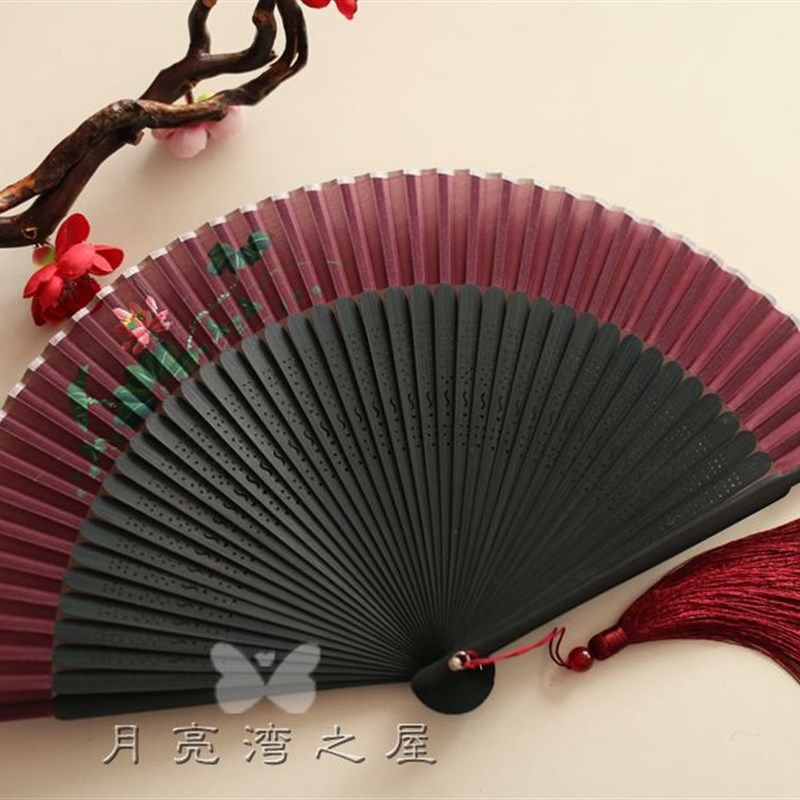 月亮扇 中国风手绘牡丹折扇旗袍女扇夏季日用扇随身携带小扇浅绿