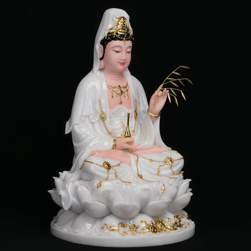观音佛像汉白玉观世音菩萨家用坐莲南海送子观音娑婆三圣神像摆件