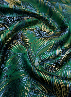 深绿色满底线条唯美百合花织锦缎布料/丝绸缎子古香唐装汉服面料