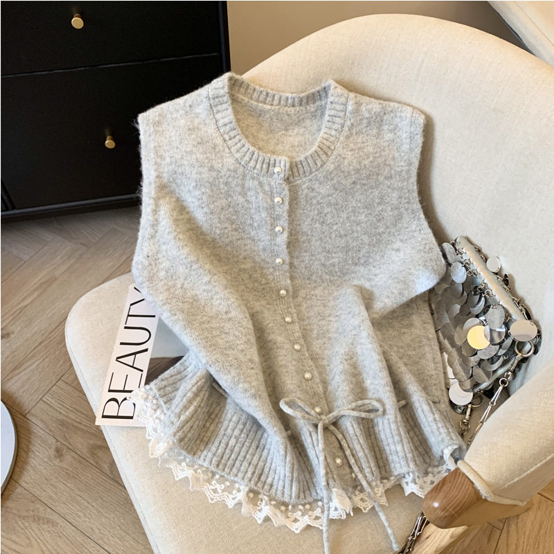 针织马甲女时髦洋气别致叠穿蕾丝马夹巨好看轻熟上衣外穿无袖背心