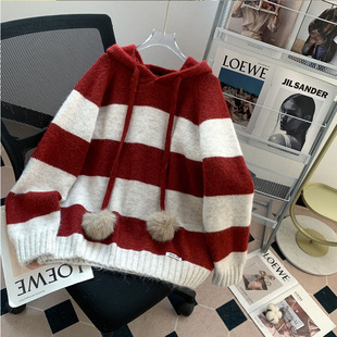 韩版红色条纹连帽毛衣女新款宽松慵懒风软糯针织衫上衣外穿潮