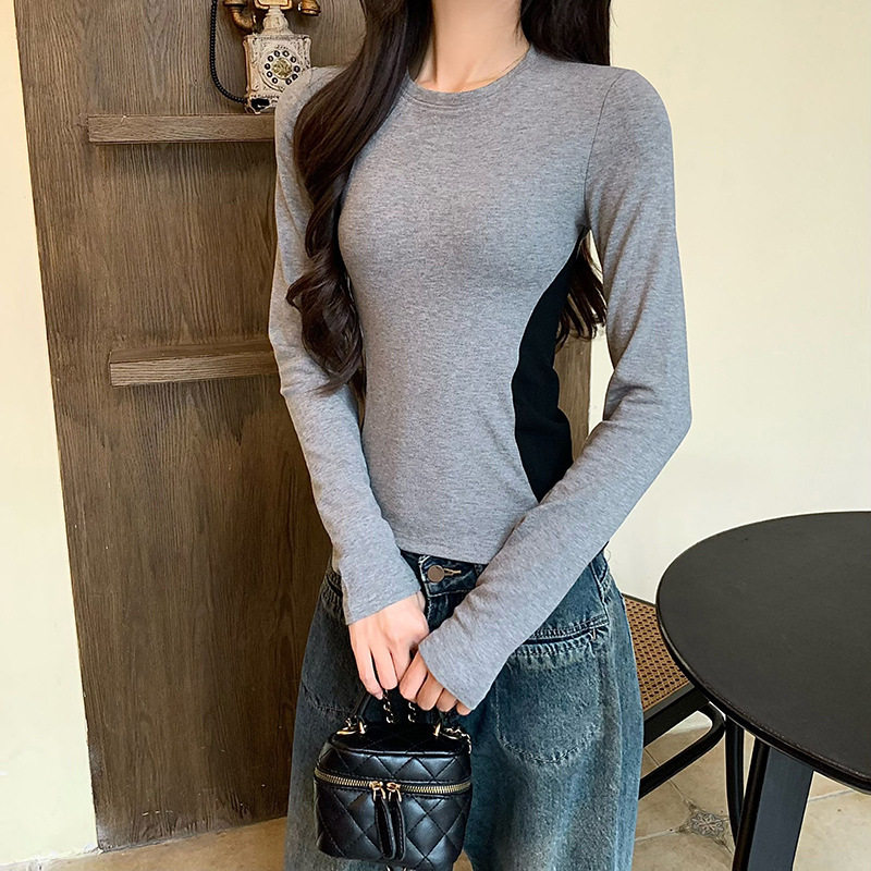 2026春季长袖上衣女新款女装上衣拼色打底衫拼接长袖修身内搭t恤