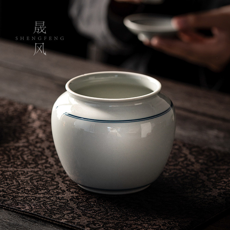 仿古手绘双线建水茶渣缸家用陶瓷茶杯茶洗高颜值大容量茶水废水缸