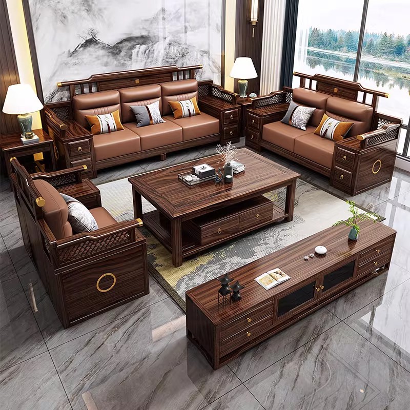 新中式乌金木全实木沙发组合1+2+3客厅小户型三人位冬夏两用沙发