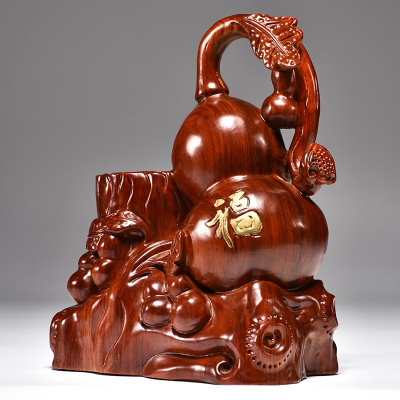 花梨木雕葫芦笔筒摆件实木质文房办公室书房用品家居客厅工艺礼品