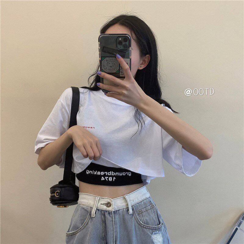 搭配高腰牛仔阔腿裤工装裤配什么上衣女嘻哈爵士短款露脐短袖t恤