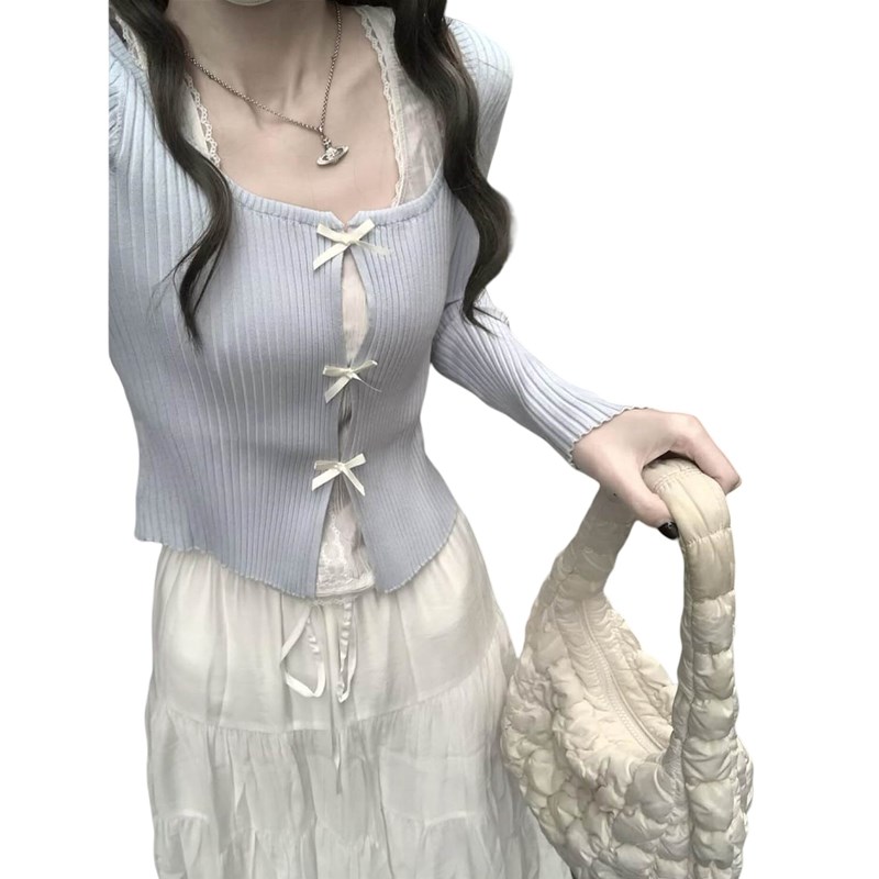 温柔风穿搭一整套蝴蝶结假两件拼接防晒披肩针织衫+白色半身长裙