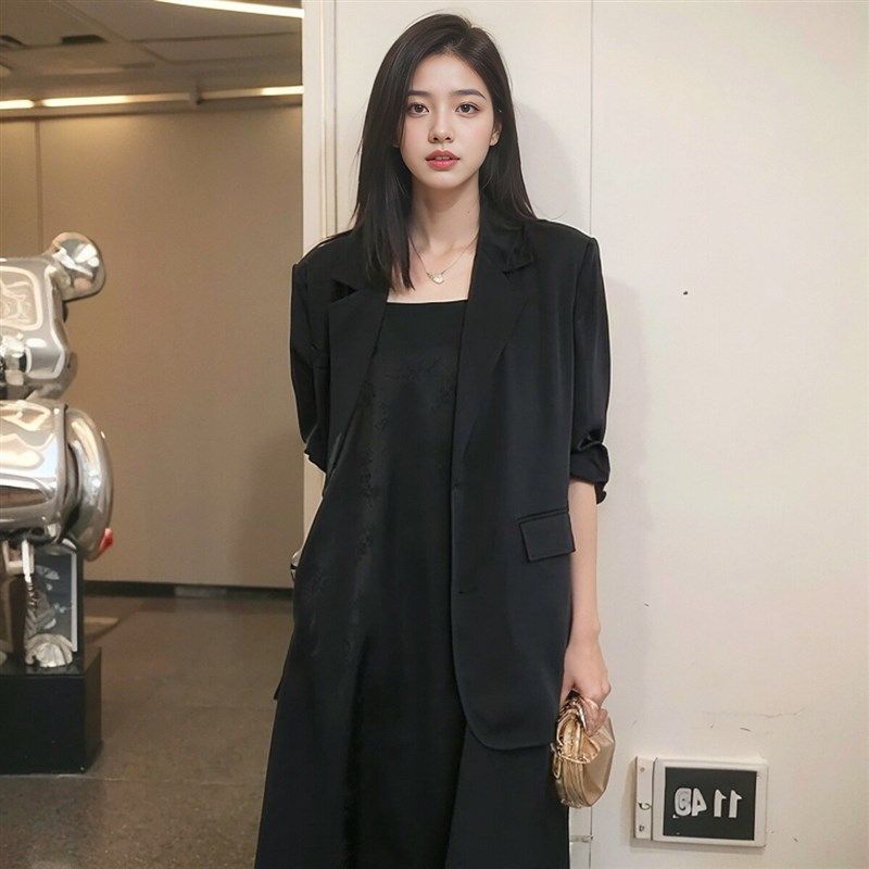 胖mm高级显瘦西装外套连衣裙两件套女大码缎面新中式吊带长裙套装